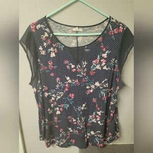 Maurices Navy & Floral Top With Sheer Details- 1X